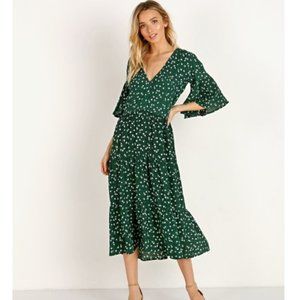 Faithfull the Brand Melia Green Floral Tiered Ruffle Sleeve Mid Dress XS